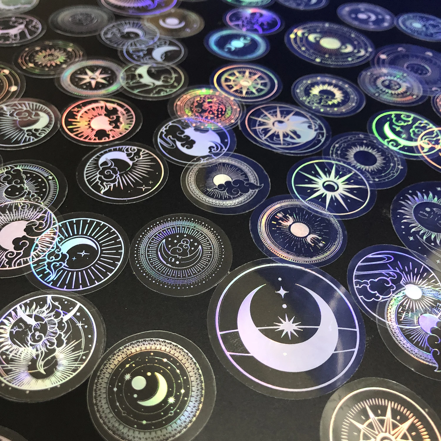 PET Adhesive Stickers Waterproof Transparent Laser Silver Stickers Label SUN MOON Stars etc 70 pcs