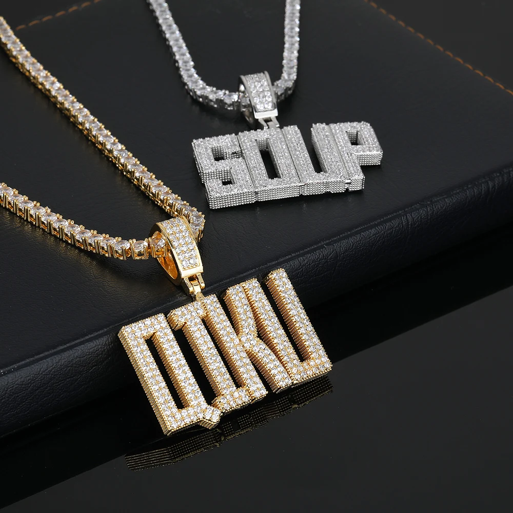 Hip Hop Jewelry Iced Out Zircon Letter Name Pendant Personalization Custom Square Capital With Rope Chain