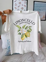 Lemon Letter Print T-shirt Short Sleeve Crew Neck Casual Top For Summer Women Kawaii Streetwear Graphic Tees Vintage Fruit Shirt