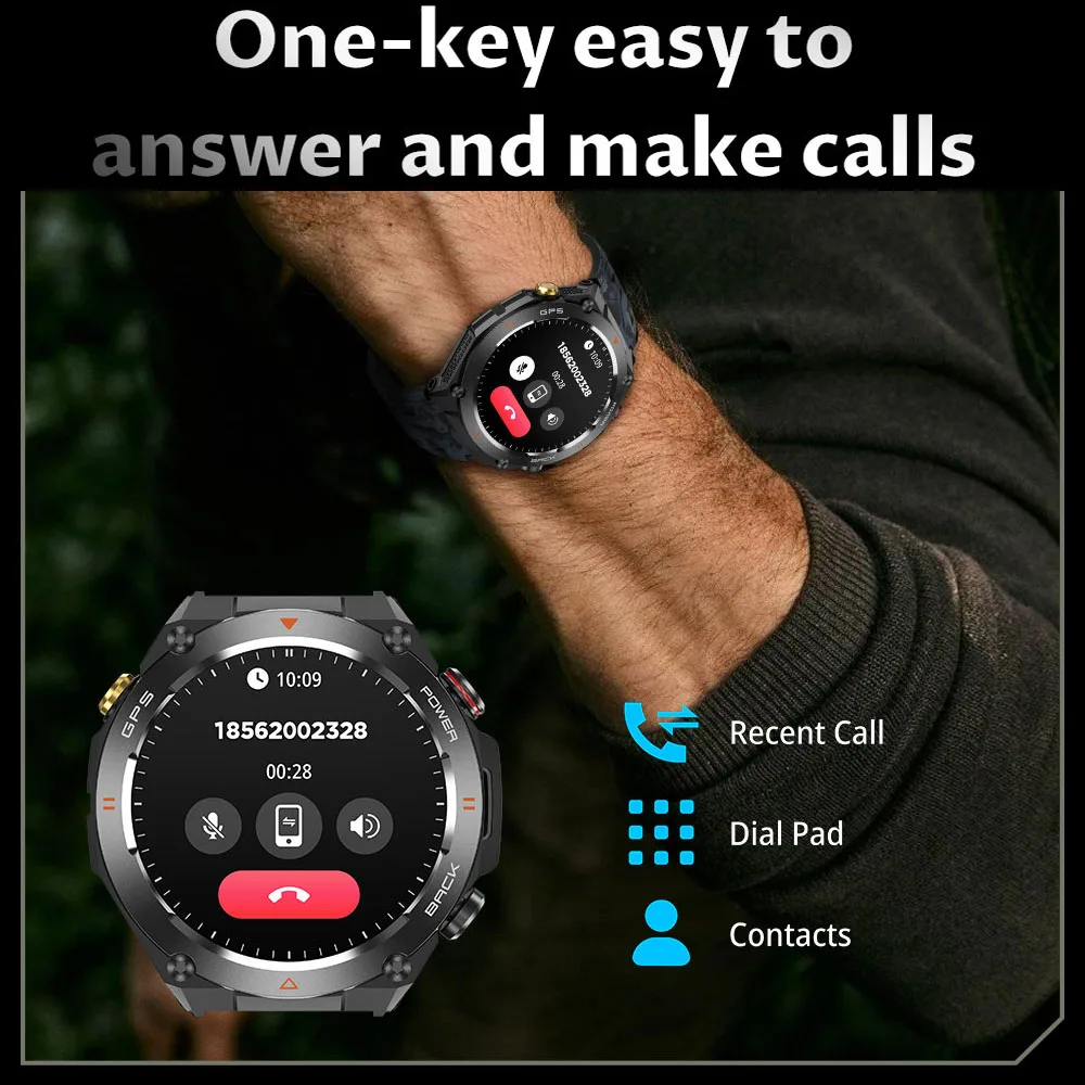 Military Outdoor Smartwatch Men 1ATM Waterproof Compass GPS Altitude Pressure Monitoring Watch 650mAh Bluetooth Call Smart Watch