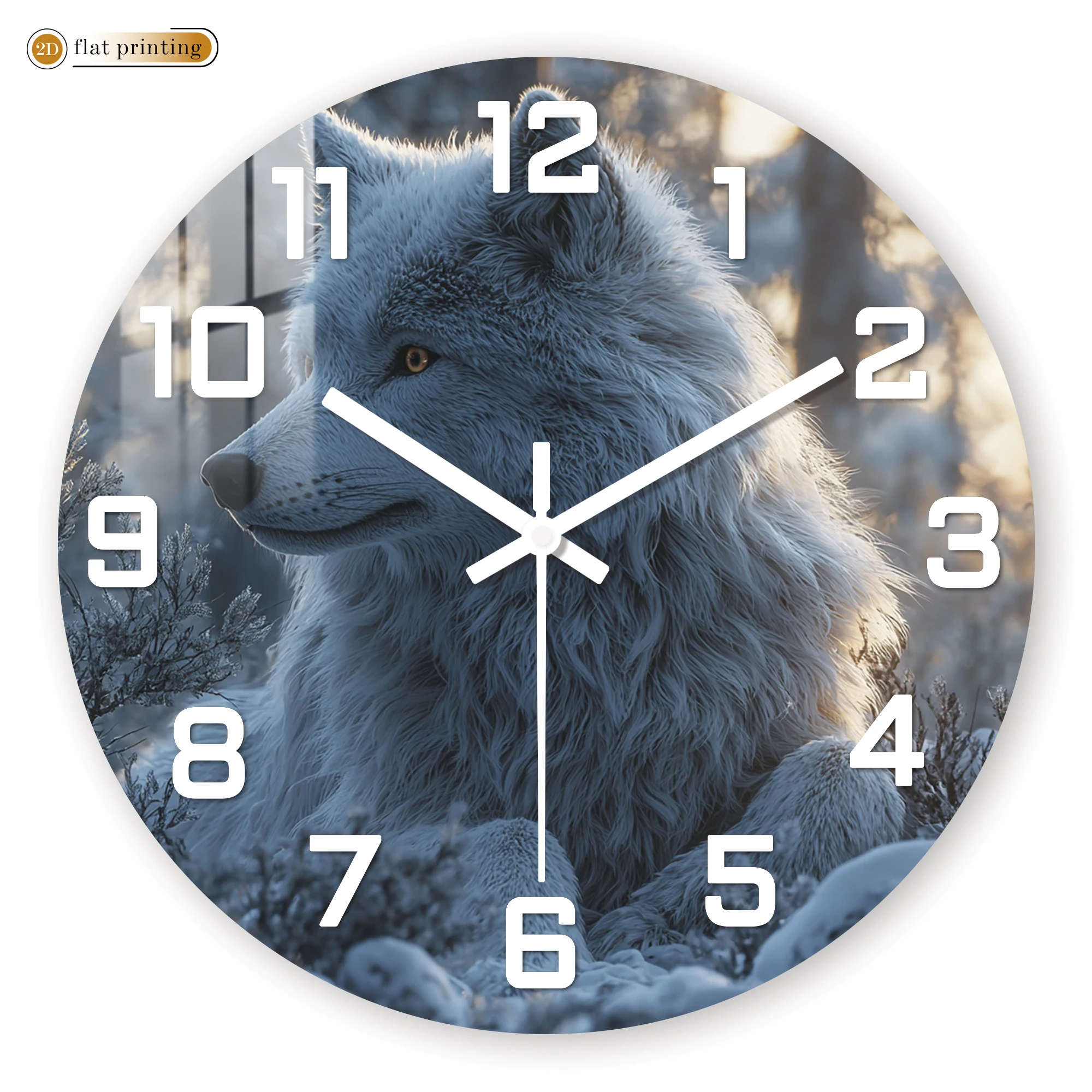 Relógio de parede com tema de lobo ártico, relógio decorativo com impressão plana 2D, design animal exclusivo para escritório doméstico
