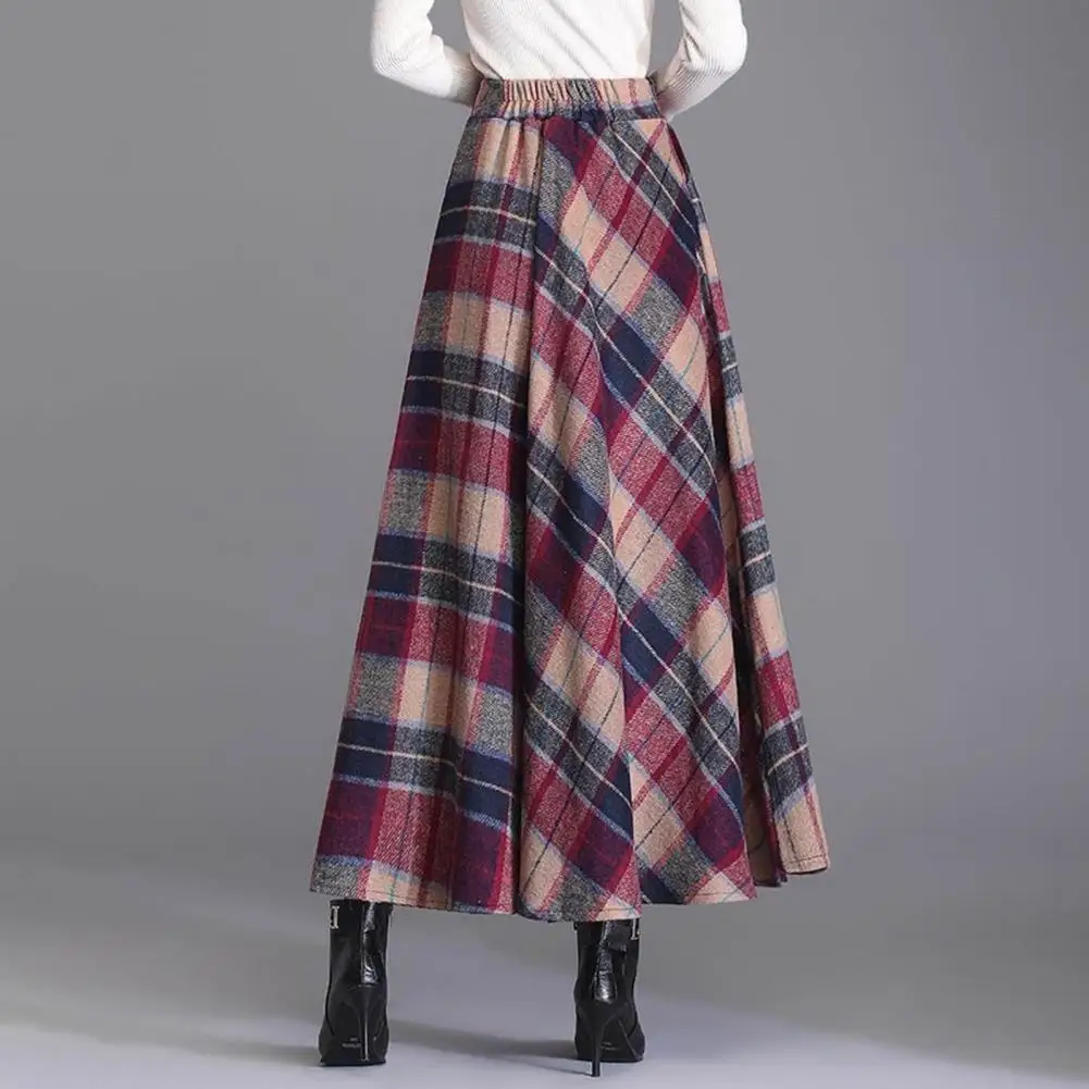 

High-waisted Skirt Plaid Print A-line Maxi Skirt with High Elastic Waist Retro Warm Soft Ankle Length for Fall Winter Women Long