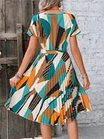 Msfilia Summer Print Pleated A Line Long Dress Women Short Sleeve High Waist Spring Round Neck Chic Dress with Belt - Image 5