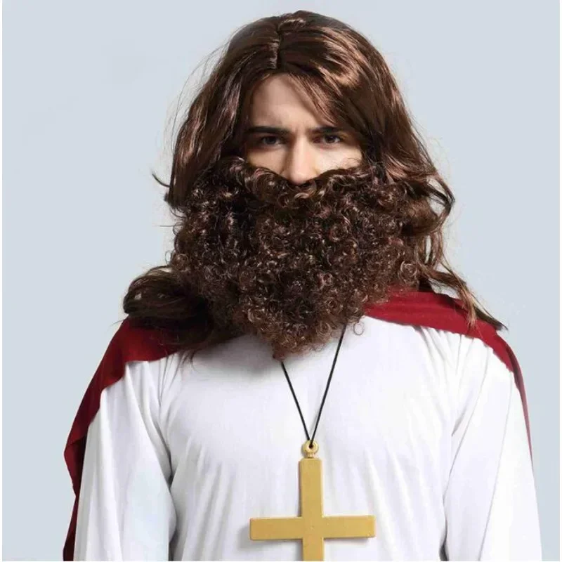 Jesus Wig and Beard Long set Brown Religious Biblical Men's Fancy Dress Accessory at price cosplay anime party wigs