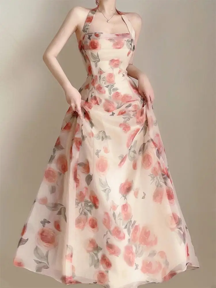 Vestido Midi con estampado floral para mujer, ropa Sexy sin mangas para fiesta en la playa, informal, coreana, dulce, 2023