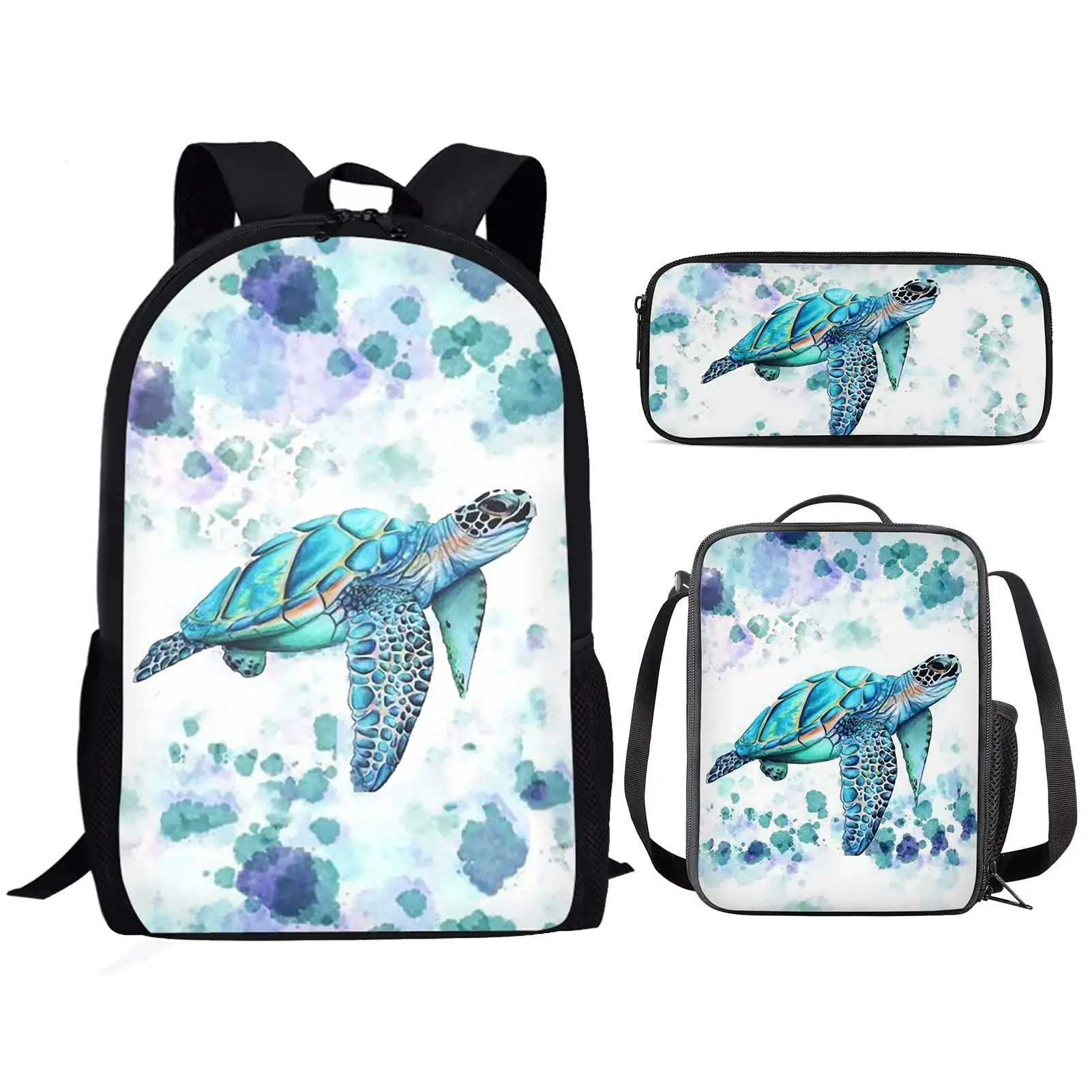 

Watercolor Sea Turtle School Backpack for Kids Elementary School Bag with Lunch Box Pencil Case Teens Bookbags 3pcs/set Daypack