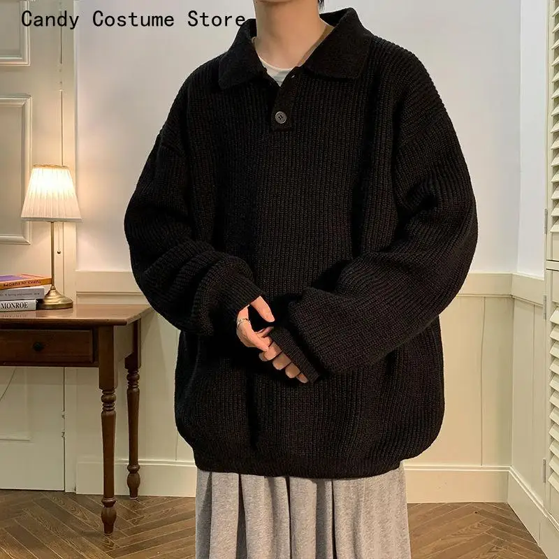 Knitted Sweater Men Japanese Lazy Style Polo Collar Sweater Men Retro Coffee Oversize Casual High Street Sweater Men Clothing