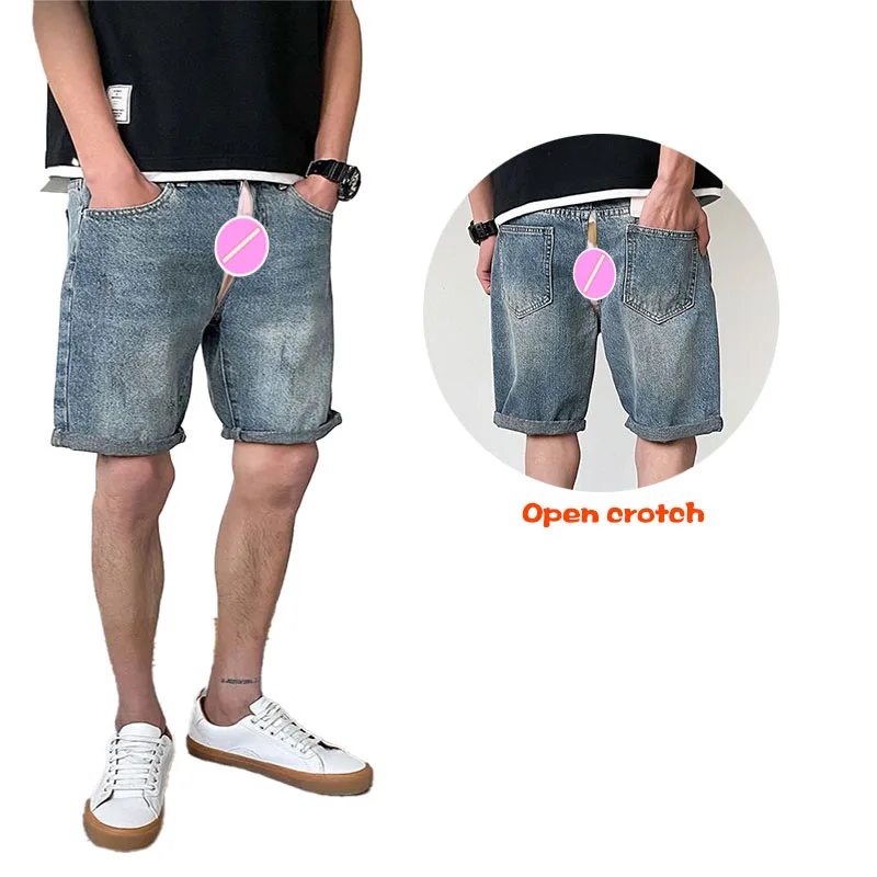 Outdoor Invisible Open Crotch Sex Men's Jeans Casual Classic Fit Drawstring Summer Beach Shorts with Elastic Waist and Pockets