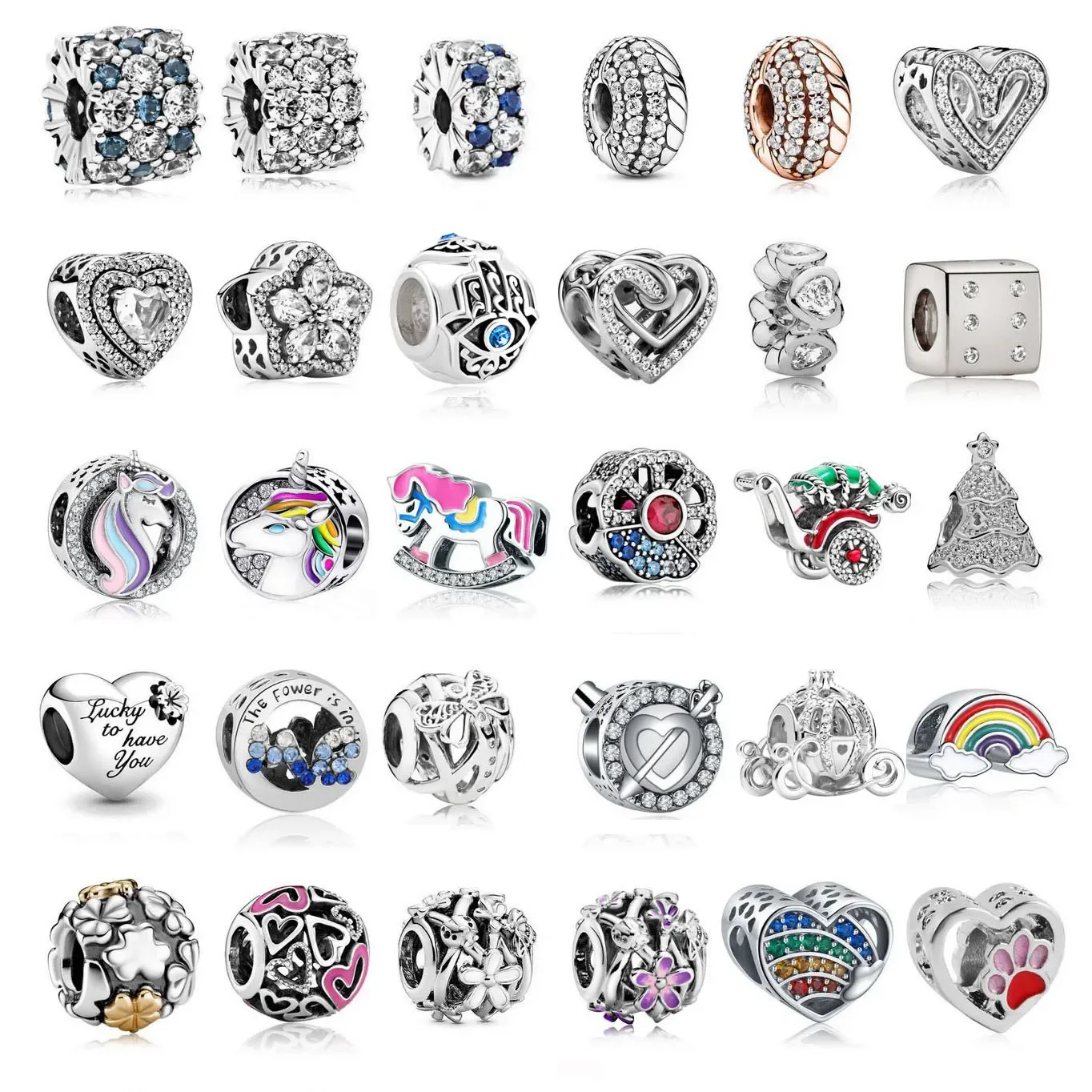 Nuovo Colore Argento Unicorno Cristallo Cuore Trifoglio Perline Adatto Pandora Braccialetto Di Fascino E Braccialetto Fai Da Te Creazione Di Gioielli 