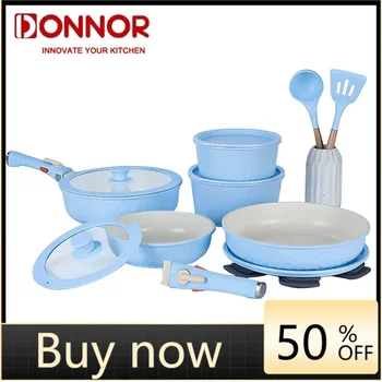 DONNOR 17pcs/set Ceramic Frying Pan Uncoated Non Stick Pan Set Lectromagnetic Stove Universal Soup Pot Removable Kitchen Tools