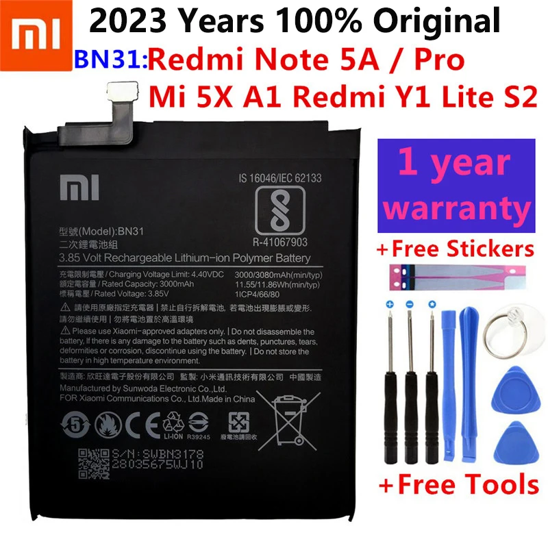 

Xiao Mi Original Phone Battery BN31 for Xiaomi Mi 5X Mi5X Redmi Note 5A / Pro Mi A1 Redmi Y1 Lite S2 3080mAh Batteries + Tools