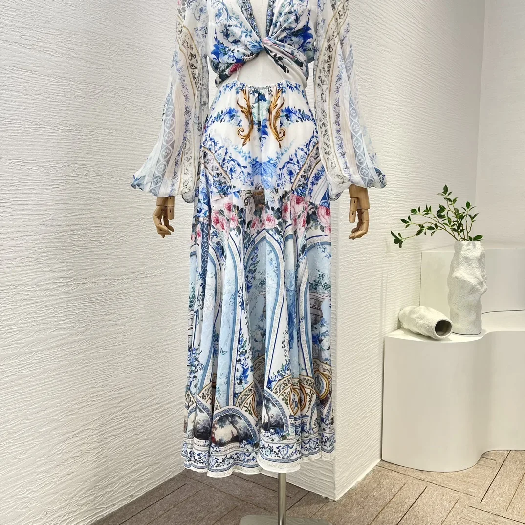 Elegant 2024 New Blue Pure Silk Cut Out White Floral Print Lantern Sleeve Diamonds Lace-up Women Midi Dress Size Runs Bigger