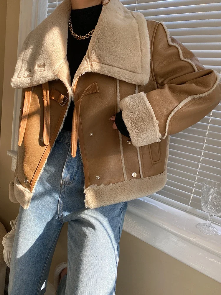 

Winter Women Thick Warm Streetwear Parka Faux Leather Fur Jacket Winter Waterproof Coat Female Fashion Motorcycle Coat Outwear