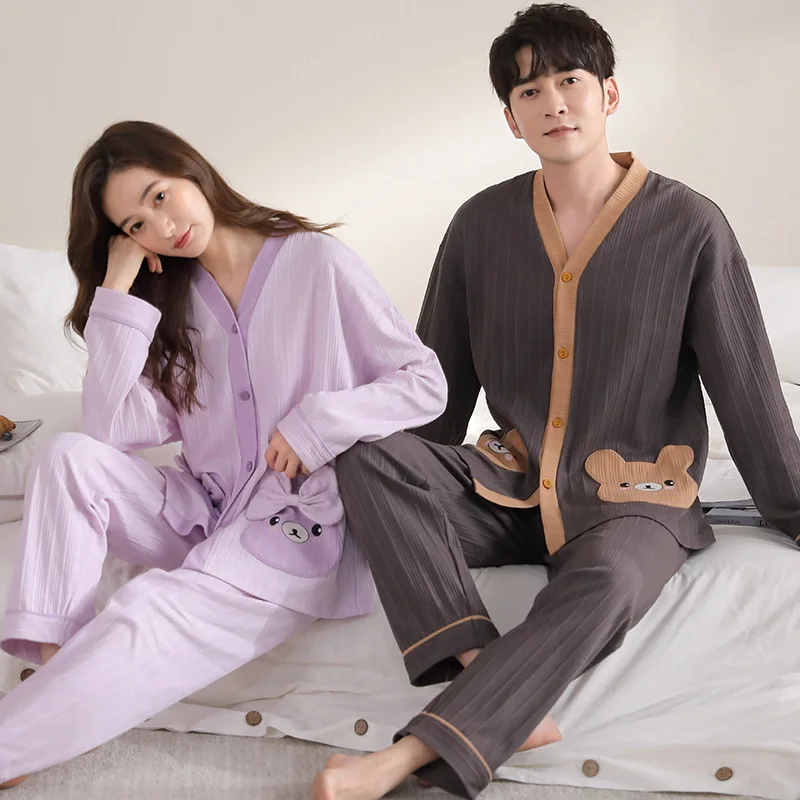 Couples Kimono Pajamas Set Women Nightwear Men Sleepwear Autumn Spring nightie Long Sleep Tops Pant Pjs Home Clothes Free Ship