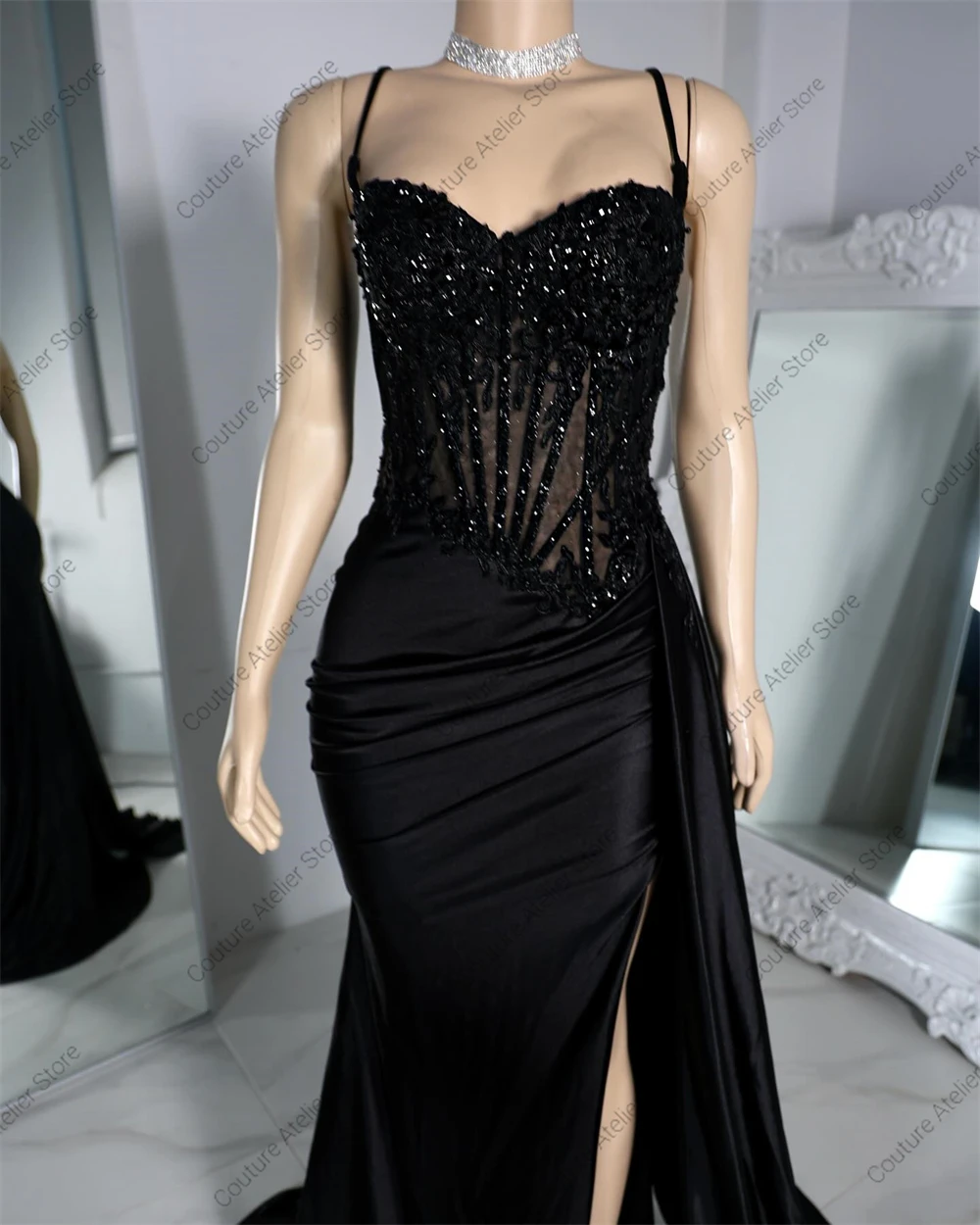 Amazed Black Spaghetti High Split Mermaid Elegant Satin Arabic Customized Prom Dresses For Blackgirls Wedding Party Formal Gowns