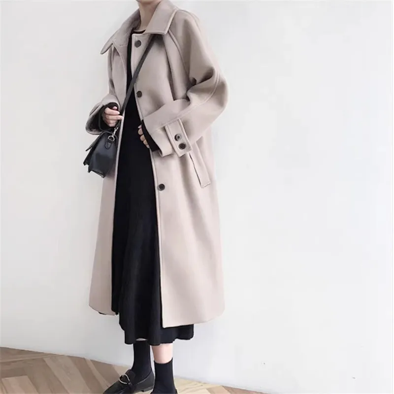 

Woolen Coat Women's Mid Length 2023 Autumn/Winter New Korean Version Loose And Slim Over Knee College Style Woolen Coat Trend