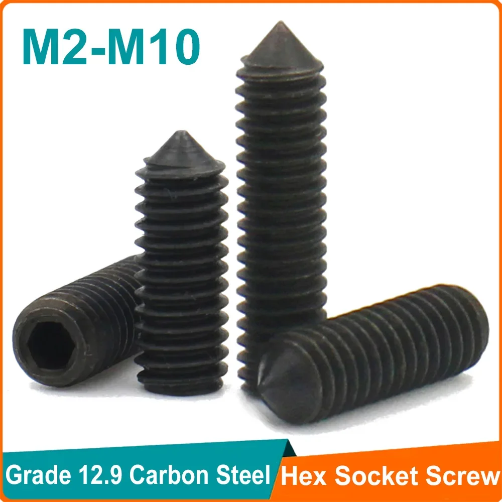 Socket cap head screw 10pcs grade 12.9 black carbon steel M2.5 M3 M4 M5 M6 M8 M10 hex hexagon socket cone point grub set screw tapered end bolt DIN914
