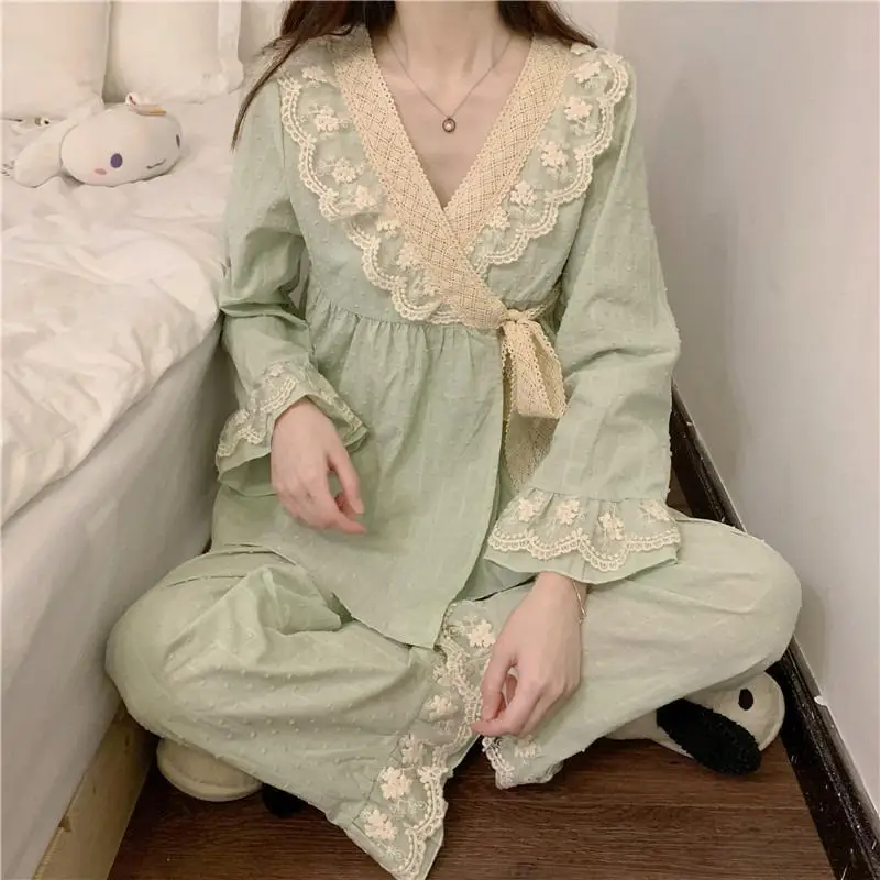 Loose Large Size 150.00kg Wearable Pajamas Autumn New Women Nightclothes Female Casual V-neck Long Sleeve Homewear Suit 2024