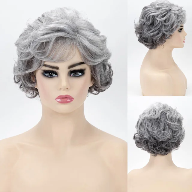 GNIMEGIL Short Synthetic Wigs for Women Glueless Brown Curly Wig with Bangs Natural Looking Mommy Wig Costume Family Party Hair Grey