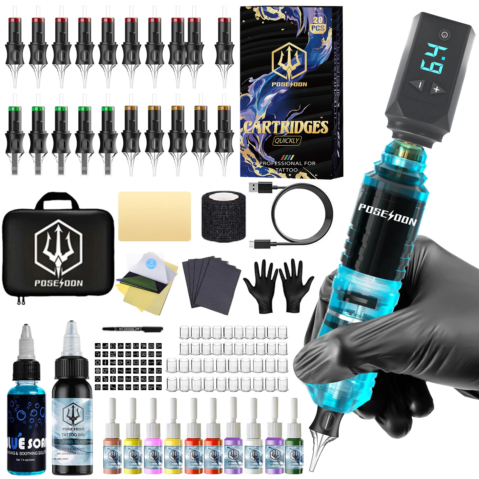Tattoo Kit POSEIDON V5 High Power Tattoo Pen Kit For Permanent Makeup Machine Blue Power Supply Gun