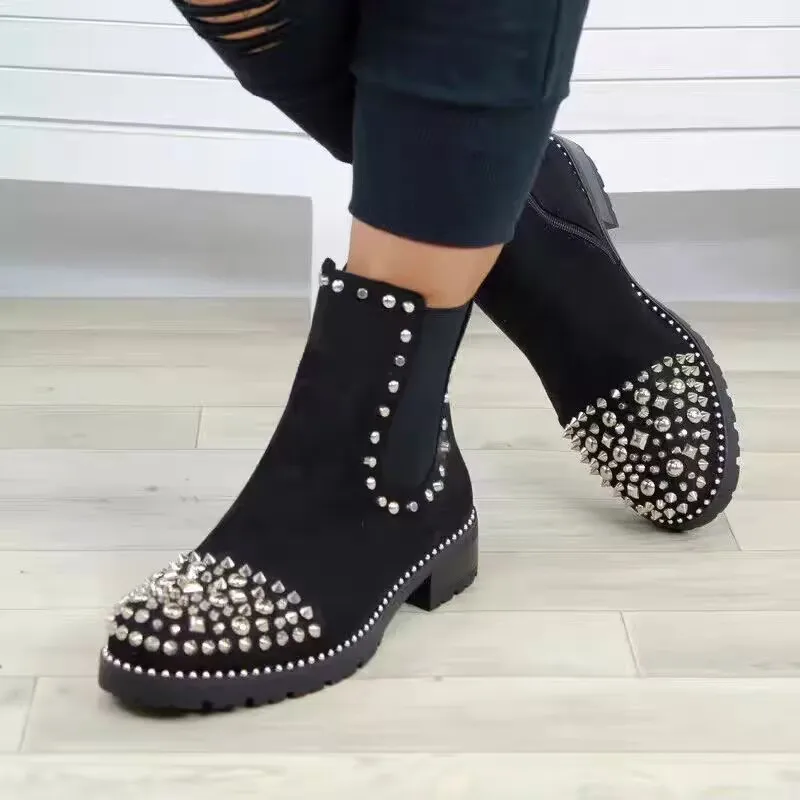 

New quartet nail Rivets Studs Boots Mixed Bling spikes round toe Black Leather Ankle Boots Slip on Chelsea Bottines mujer