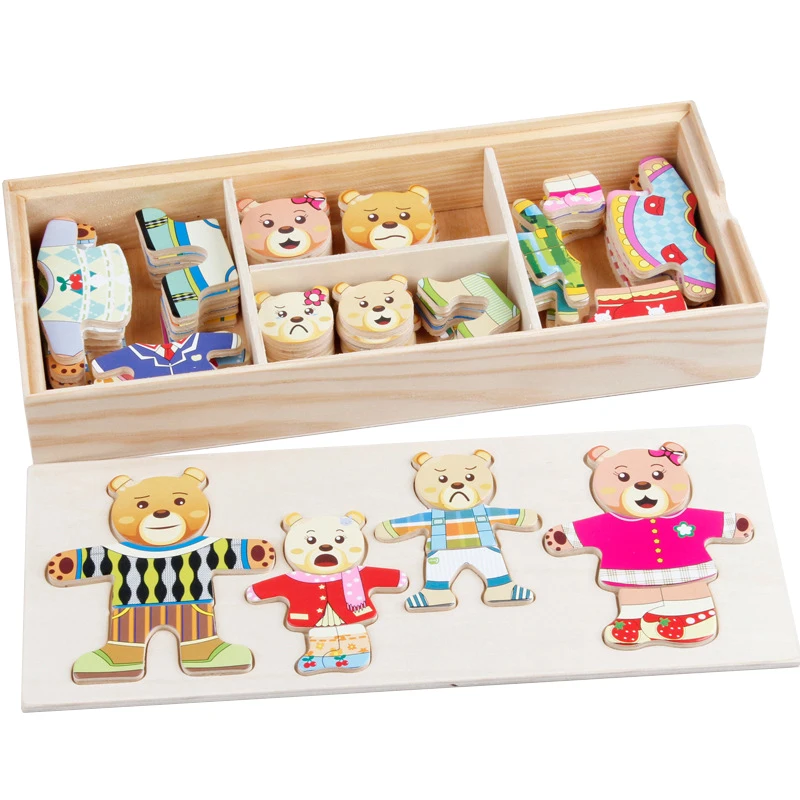 Wooden Jigsaw Puzzle Bear Rabbit Dress Changing Matching Puzzles Kids Wood Toy Baby Educational Learning Toys for Children