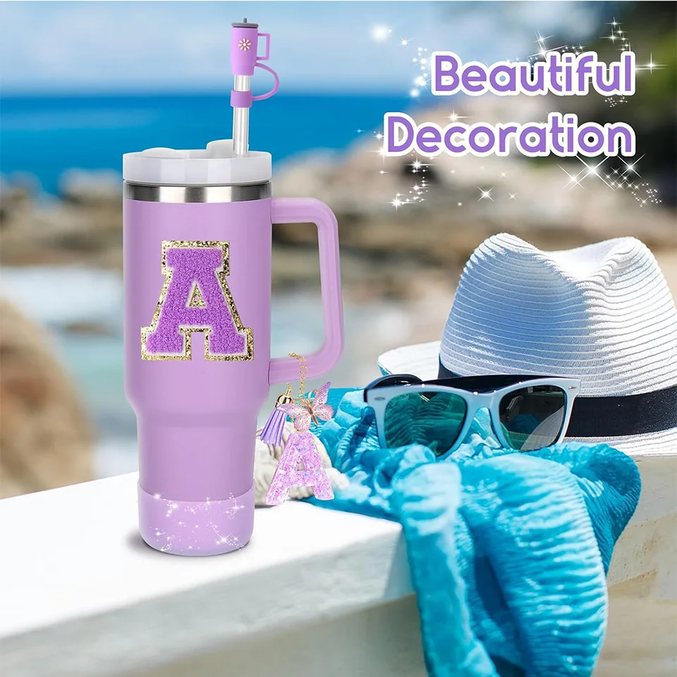 Blue Stanley Cup Accessories Set - Glitter Silicone Boot, Diamond & Bow Straw Covers, Letter Charm & Sticker For 30oz & 40oz Tumblers - View #12