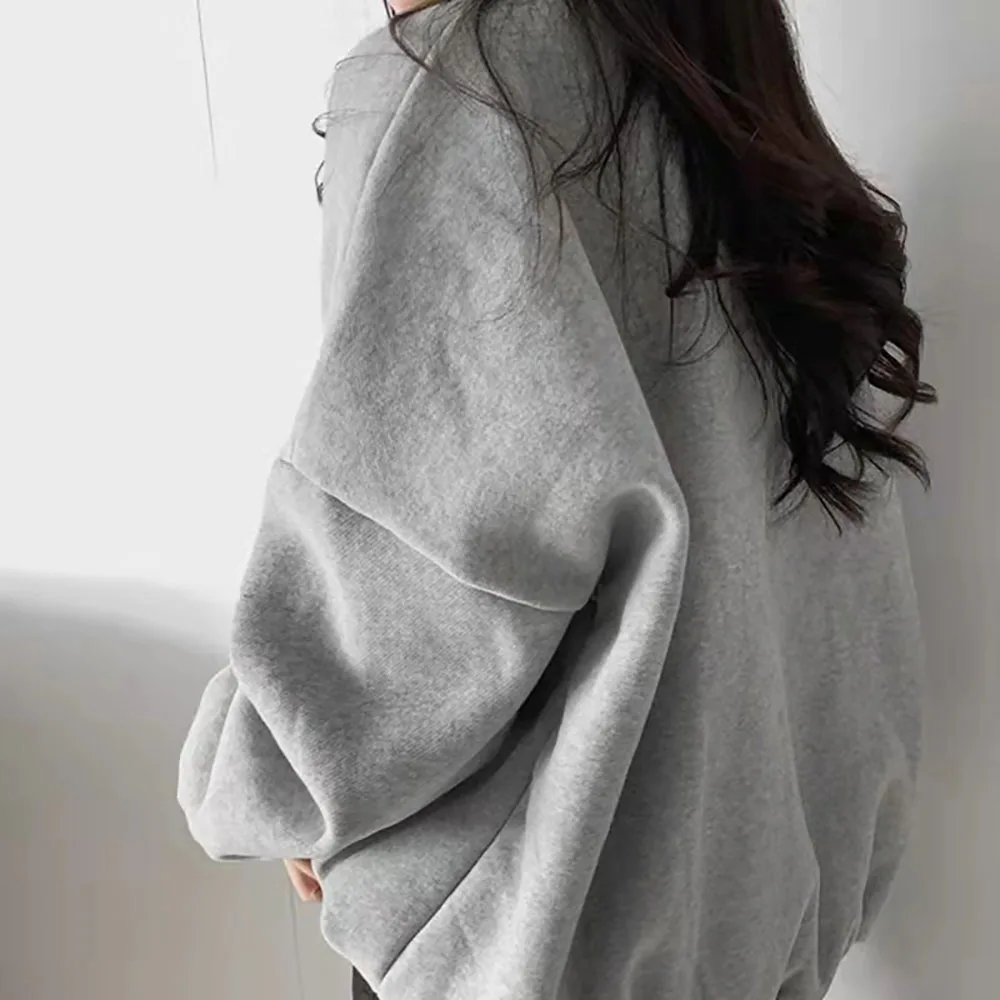 Grey Crew Neck Hoodie For Women Korean Loose Long Sleeve Letter Pullover Tops Spring Fall Casual Simple Fleece Warm Sweatshirt