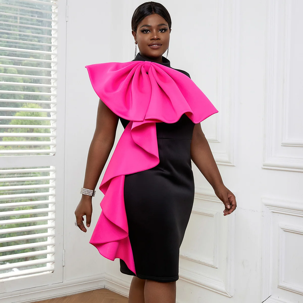 

Sleeveless Big Bow Ruffles Bodycon Evening Party Dress Women Elegant Patchwork Rose Black Turtleneck Knee Length African Dress