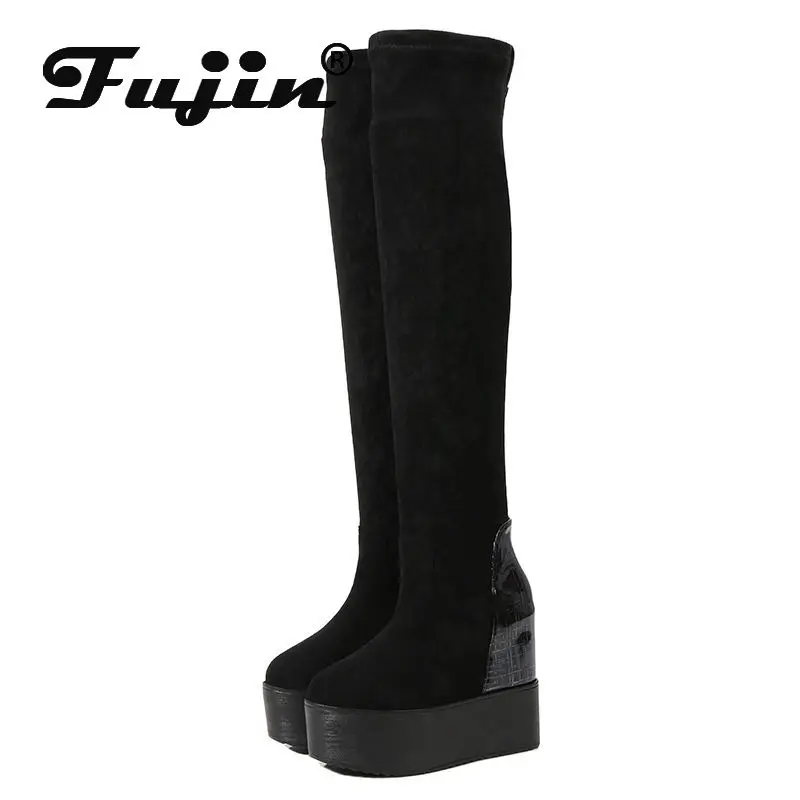 

Fujin 12cm Spandex Stretch Fabric Spring Autumn Slip on Woman Modern Hidden Heel Platform Fashion Over Knee High Boots Shoes