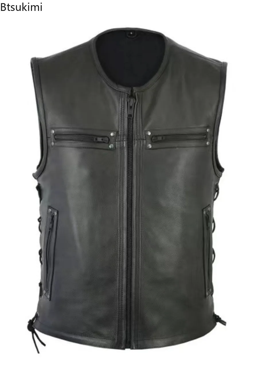 2024 Men's Handsome Motorcycle Leather Vest Jacket Fashion O-neck Solid Sleeveless PU Leather Zip Punk Tops Men Trend Streetwear