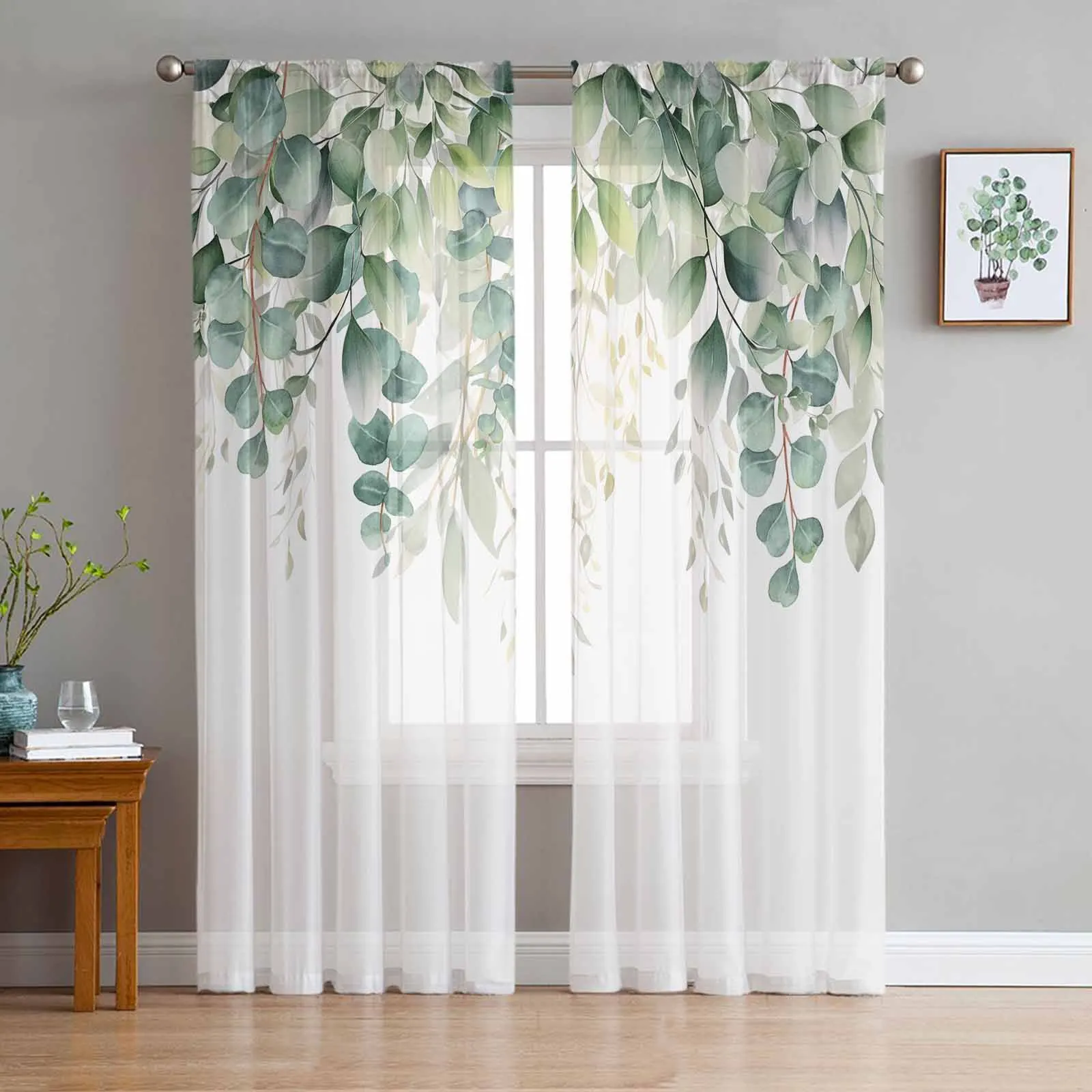 

Spring Watercolor Plant Eucalyptus Leaves Sheer Curtains for Living Room Decoration Window Curtain Kitchen Tulle Voile Drapes