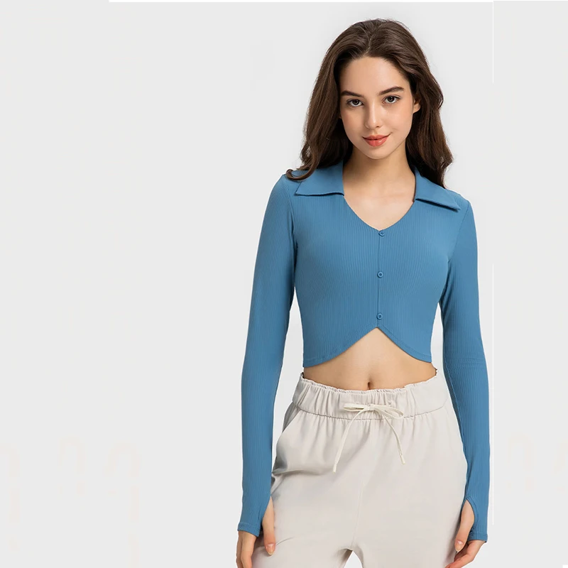

New Gym V Neck Long Sleeve Crop Top Bulit In Bra Ribbed Sexy Women Yoga Shirts With Thumb Hole Fitness Sportswear Female Clothes