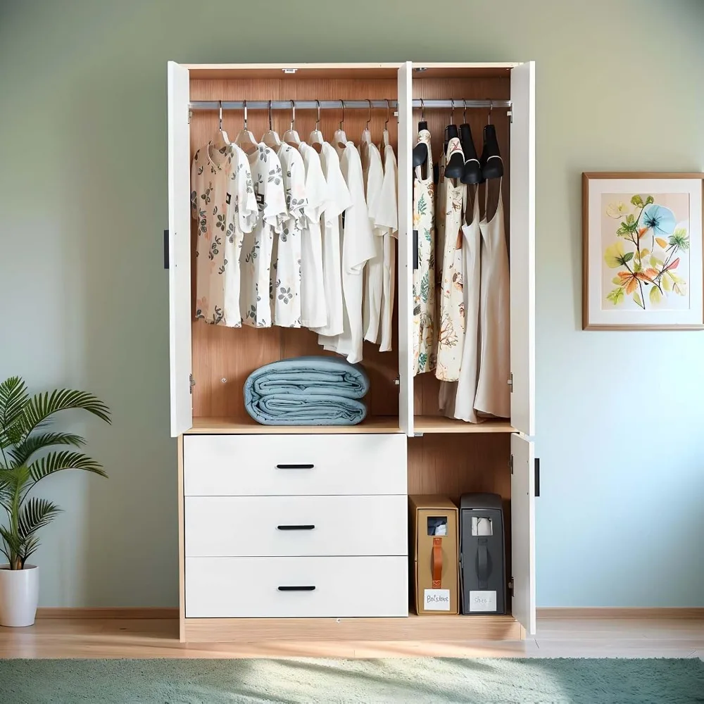 Armoire Wardrobe Closet with Mirror, 3 Door 3 Drawers Wood Closet Wardrobe Cabinet, with Hanging Rod Children's Wardrobes 5