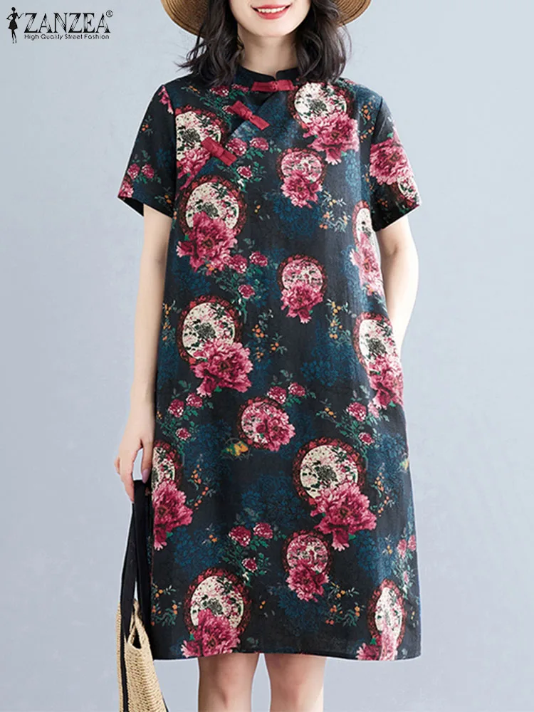 

ZANZEA Short Sleeve Elegant Vestido Printing Summer Cheongsam Dress Women Slit Hem Robes Cotton Vintage Casual Knee-length Dress