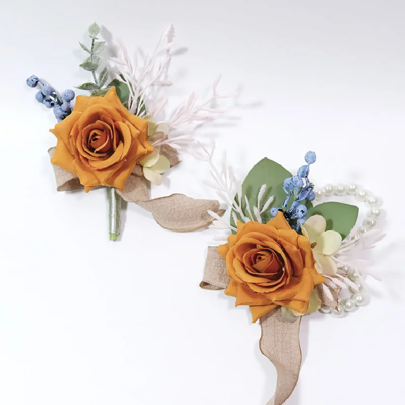 

Boutonniere And Wrist Corsage Wedding Floral Simulation Flower Business Celebration Opening Guests Orange Caramel 460