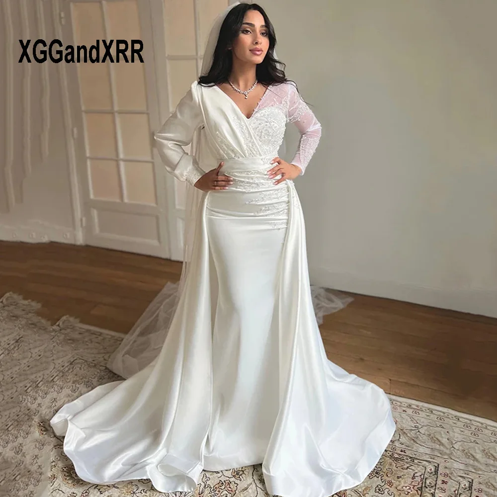 

Luxury White Mermaid Wedding Dresses Long Sleeves Beading V-Neck Detachable Train Satin Bridal Gown Elegant Robe De Mariee