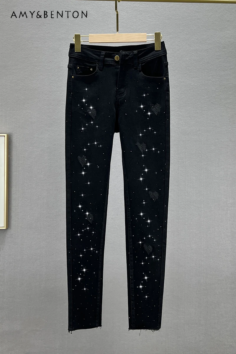 

Heavy Embroidery Hot Drilling Jeans Women Autumn New Elastic High Waist Slim Slimming Cotton Stretch Skinny Pants Black Trousers