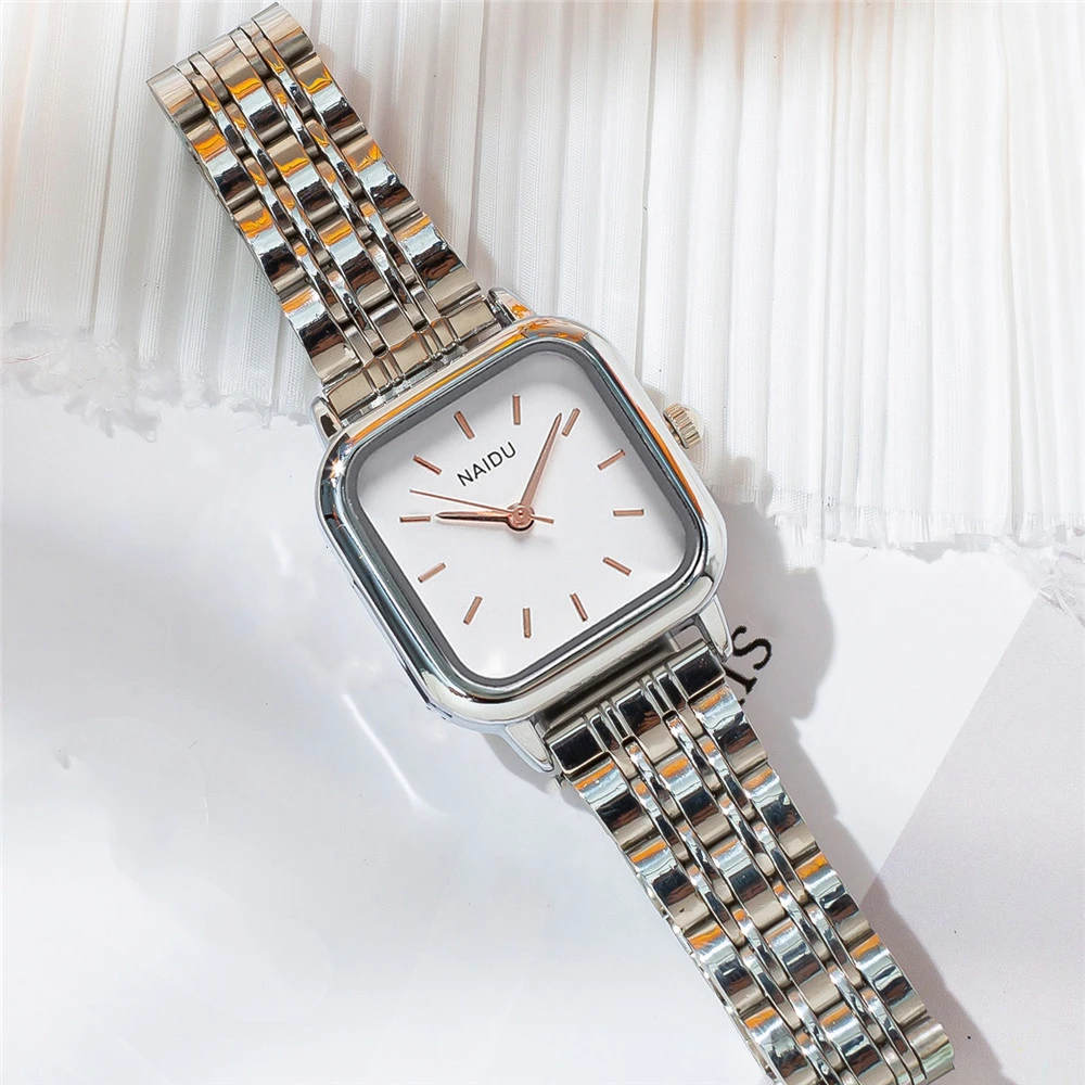 fashion simple square dial women quartz steel watch 5