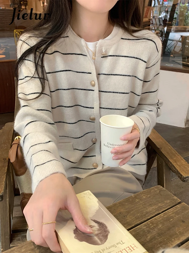 

Jielur Женский полосатый кардиган повседневный свободный уличный кардиган в Корейском стиле черный белый абрикосовый хаки свитеры для женщин на осень