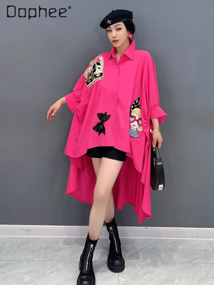 

Heavy Industry Rhinestone Loose Batwing Sleeve Fashion Long Shirt Women 2024 Spring and Summer New Cartoon Sequined Bow Shirt