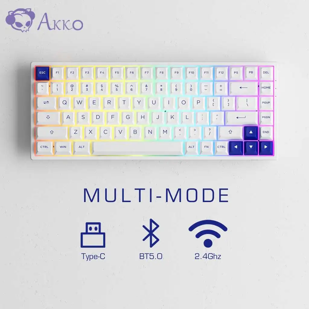 

Akko 3084B Plus Blue on White 84-key Multi-modes Mechanical Keyboard Wired/Bluetooth 5.0/2.4G Wireless Support RGB Hot-swappable