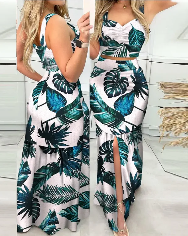 Two piece set women 2022 summer new fashion women tropical print crop top & split front skirt set womens boho