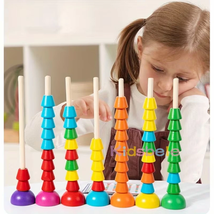  수학 카운팅 스태커 몬테소리 나무 숫자 학습 장난감, 덧셈 카드 포함, 색상 분류 교육용 장난감