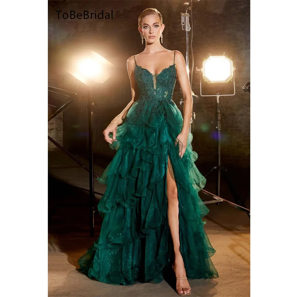

Dark Green Prom dress Embroidered Flower V-Neck Sheer Layered Graduation Dress Elegant Women's A-Line Formal Evening Gowns 2024