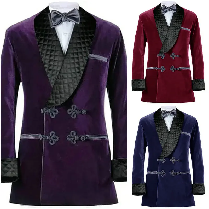 Double Breasted Purple Velvet Smoking Jackets Black Shawl Lapel Formal Tuxedos Loose Vintage Retro Party Prom Suit Blazer Sets men suits jackets