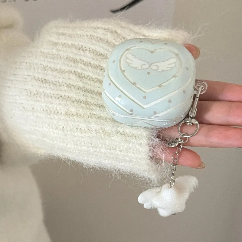 Blue Transparent Heart Vortex Protective Earphone Case with Pendant and Wings