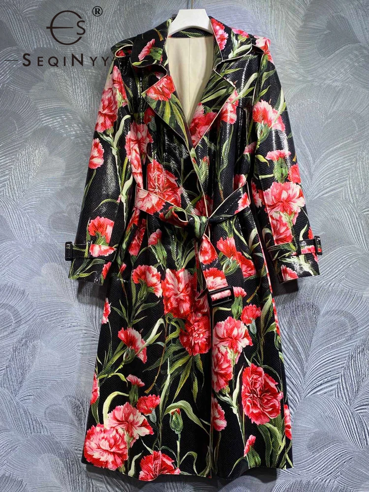 

SEQINYY Elegant Long Trench Coat Spring Autumn New Fashion Design Women Runway High Street Sicily Vintage Red Flower Print Belt