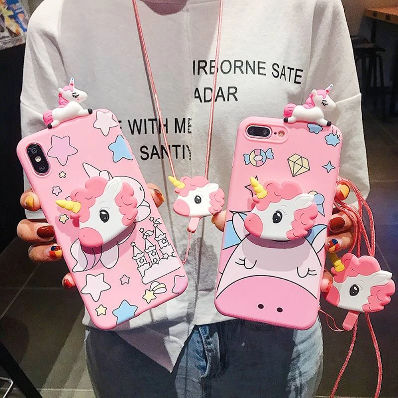 case for iphone 13 mini Disney Pink Unicorn Mirror lanyard Phone Case for iPhone X XR XS 7 8 Plus 11 12 13 pro MAX 13mini cover iphone 13 mini silicone case