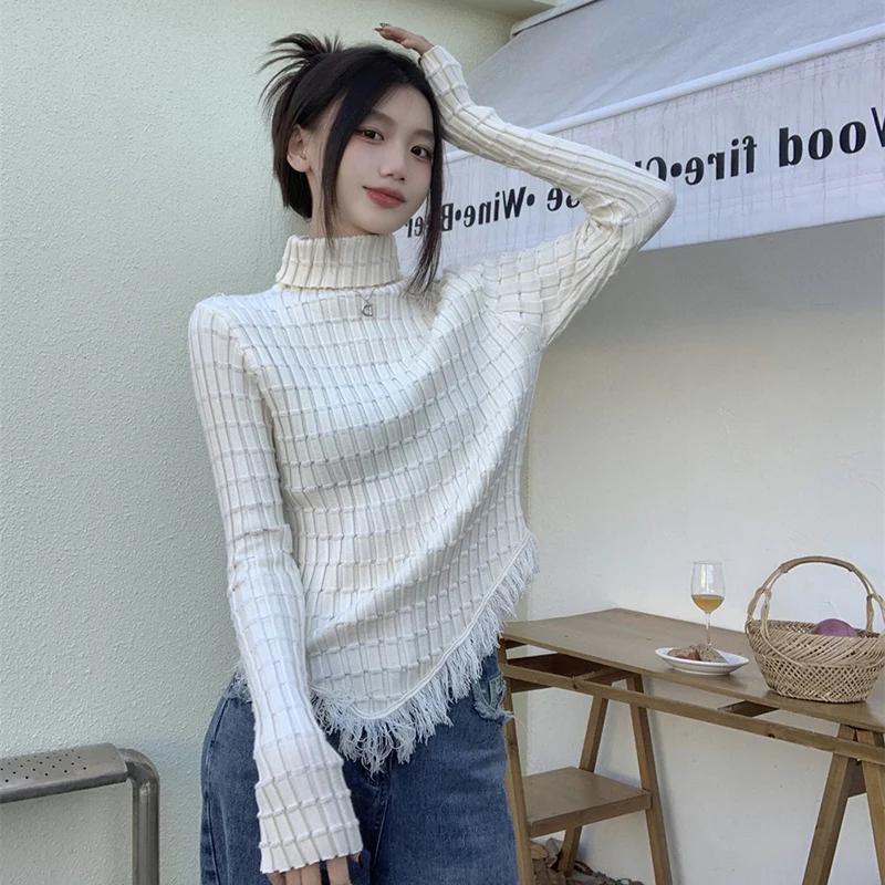 

Fashion Turtleneck Tassel Asymmetrical Sweaters Women's Clothing 2023 Winter Slim Knitted All-match Pullovers Commuter Tops